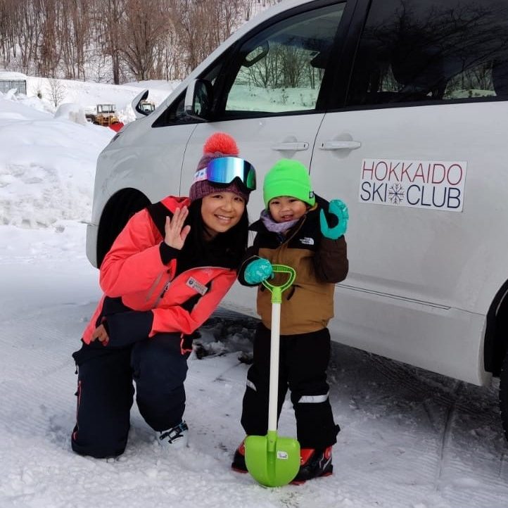 Ski instructor Anthea and 3 year old student Darius