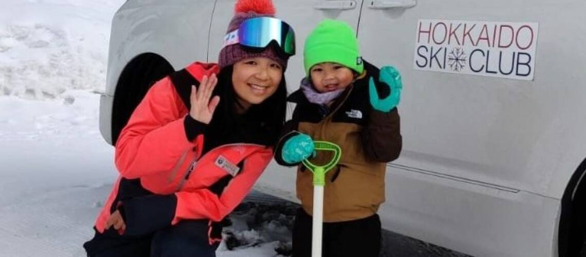 Ski instructor Anthea and 3 year old student Darius